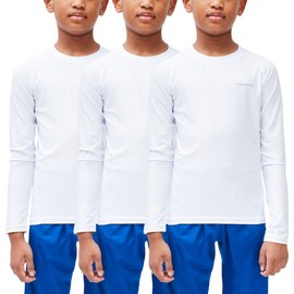 DEVOPS Youth Boys 3-Pack Compression Athletic Performance Baselayer Long Sleeve Shirts (Large, White/White/White)