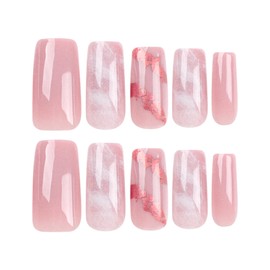 Press on Nails Medium Square Fake Nails Pink Marble Acrylic Nails with Gold Foil Design Glossy Acrylic False Nails Full Cover Glue on Nails for Women Girls 24 Pcs