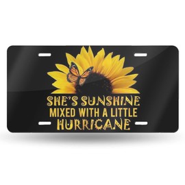 Butterfly and Sunflower She is Sunshine Front License Plate Aluminum Decorative License Plates Funny Metal Car Plate 6"X12" Novelty Vanity Tag Cover with 4 Holes Car Decor Accessory