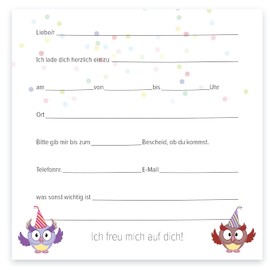 12 Premium Invitation Cards for Children's Birthday Parties + 12 Envelopes, Postcard, 14.8 x 14.8 cm, with Pre-Printed Text on the Back, Invitation Cards for Children, Kids, Birthday Owl