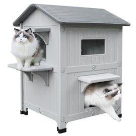 Rockever Luxury Plastic Outdoor Indoor Cat House with Escape Door, Waterproof 2 Story Outdoor Houses for Feral Cats Outside Cat Shelter, Spacious, Clean and Assemble Easily