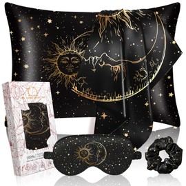 Miss Adola Mulberry 1Pack Silk Pillow Case for Hair and Skin 19 Momme Standard 75 x 50cm Silk Pillowcase with Eye Mask & Scrunchie Soft Silk Pillowcase Sleeping Gift for Women, Black Sun Moon