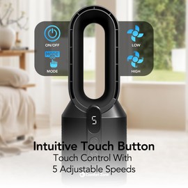 Comfort Zone Rechargeable Bladeless Tabletop Fan for Bedroom and Home, 5 Speed Settings, Display Screen, Non-Slip Feet, Ideal for Home Office, Quiet Operation, 14 inches, Black, DC-14T