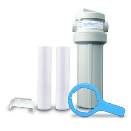 Watts Premier White Whole House Water Filtration Kit with Built-in Bypass Valve, Filter Housing, Three 50-Micron Sediment Filters, Mounting Bracket, Wrench