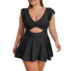 B2prity Women's Plus Size Swimsuit Tummy Control One Piece Swimdress Ruffle V Neck Cutout Wrap Bathing Suit with Skirt Black
