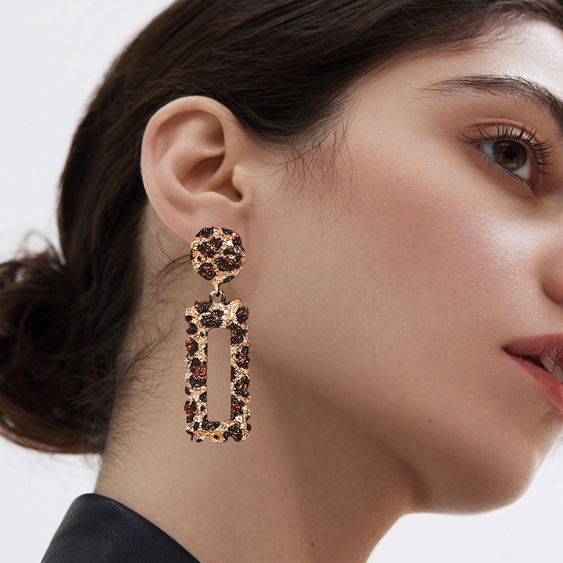 Solighter Leopard Print Hollow Geometric Large Square Dangle Stud Earrings