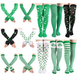 Glitopper 12 Pairs St. Patrick's Day Women Stripe Knee Thigh High Socks and Irish Green White Arm Warmer Fingerless Gloves Set