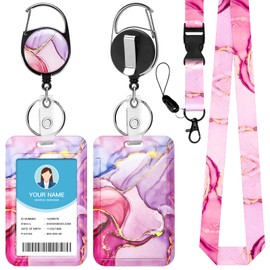 Soleebee Pink Marble Lanyard for Id Badges, Cute ID Badge Holder and Detachable Lanyard, Retractable Keychain, Heavy Duty Badge Reel with Carabiner Clip for Nurse Teacher Student