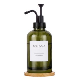 Glass Soap Dispenser with Upgrade Pump, Hand and Dish Soap Dispenser for Bathroom Kitchen, Soap Dispenser Set with 9 Stickers Funnel Bamboo Tray 500ml 18oz Green