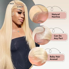 613 Lace Front Wig Human Hair Blonde 13x4 Straight 200% Density Pre-Plucked with Baby Hair HD Lace Frontal Wig for Women Natural Hairline (28 Inch)