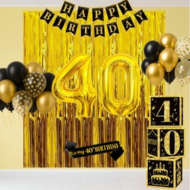 40th Birthday Decorations for Men Women, 50pcs Black and Gold Party Decorations with 40 Year Old Balloons Boxes, Happy Birthday Black Gold Banner and Sash, Fringe Curtains Party Decor