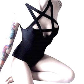 LJJPMLLPZ Women Hollow Out Low Chest Pentagram Bodysuit Gothic Dark Street Jumpsuit, Black, Small