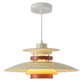 EFINEHOME Modern Decor Adjustable Pendant Lamp Kitchen Island, Aluminum and Wood Finish,1-Light E26 Base Ceiling Hanging Light for Dining Room Shop Restaurant (Beige+Dark Wood Grain, 35cm)