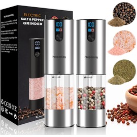 Electric Salt and Pepper Grinder Set - Upgraded Larger Capacity, with display screen and LED lights, USB Rechargeable, Adjustable Coarseness, 2 Pack(silver)