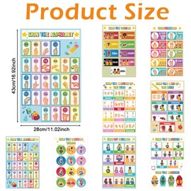 EggSun 8pcs American Sign Language Charts for Kids, ASL Alphabet Prints for Babies and Toddlers, Educational Sign Language Posters for Classroom, Students, and Toddler Room Decor
