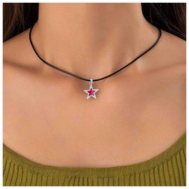 Enautoabs Gothic Star Choker Necklace Leather Star Pendant Necklace Red Crystal Star Necklace Black Leather Cord Choker Necklace Leather Short Necklace Jewelry for Women