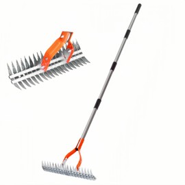 15 Inch Thatch Rake, Heavy Duty Dethatcher Rake, Adjustable 40-70 Inch Length Garden Weeding Dethatching Rakes with Stainless Steel Handle for Lawn Yard Leveling Weed Removing Soil Loosening