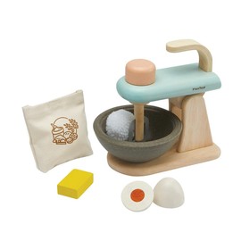 PlanToys® Wooden Stand Mixer Toy for Kids | Montessori Pretend Play Kitchen Appliance with Mixing Bowl, Egg, Butter & Flour | Toddler Baking Set & Cooking Toy for Ages 2+