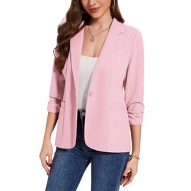 MINTLIMIT Women's Blazer with Notch Lapel 3/4 Ruched Sleeve One Button Front Lined Pink Lightweight for Office (Pink L)