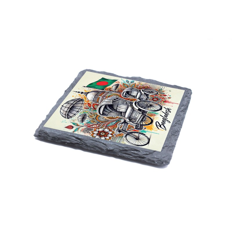 Bangladesh Rickshaw Slate Coaster with Colorful Artwork and Flag Design