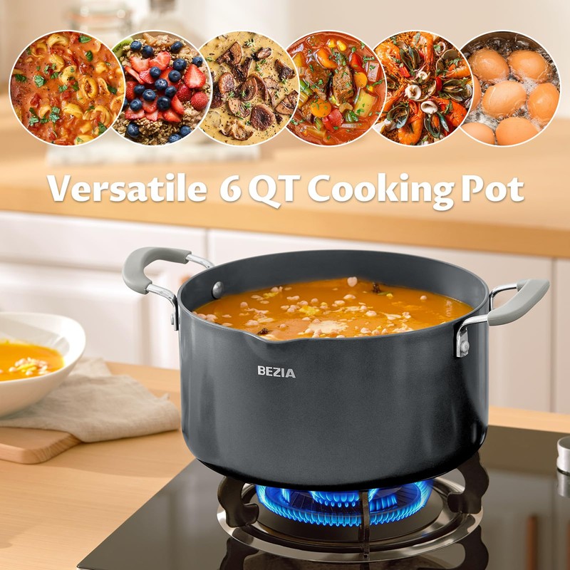 6 Quart Nonstick Stock Pot with Lid, BEZIA PFAS-Free Ceramic