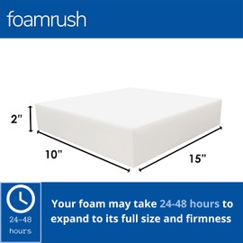 FoamRush 2" x 10" x 15" High Resilience Foam, Extra Firm Sheet, Seat Cushion Upholstery Foam for Dining Chair, Square, Replacement, Foam Padding