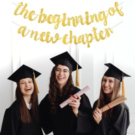AOZUO The Beginning of a New Chapter Banner, Glitter Farewell Party Decorations Happy for Retirement Graduation Banner Housewarming Pull Away Engagement Job Change Party Supplies (Gold)