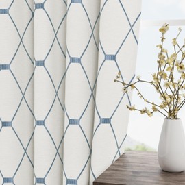 Joywell Linen Textured Living Room Curtains 96 inches Long Embroidered Farmhouse Window Curtain Neutral Grommet Curtain 2 Panels Thick Cotton Curtains Blue Checkered Pattern 8ft Tall