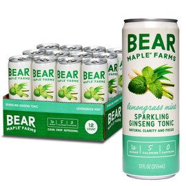 Bear Maple Farms Sparkling Ginseng Tonic, Natural Focus & Clarity from Ginseng, No Caffeine, 5-10 calories per serving, Naturally Sweetened, 12oz can - Lemongrass Mint