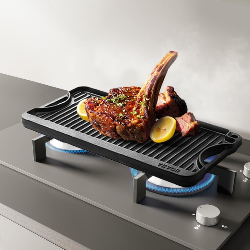 VEVOR Reversible Grill/Griddle, 20x10 inch Pre-Seasoned Cast Iron Griddle, Portable