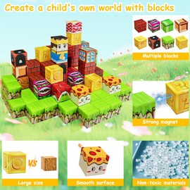 Magnetische Bauklötze, Montessori Magnetisches Bauklotzset, 64 Stück Magnethaftende Bausteine Konstruktionsspielzeug, Sinnesspielzeug für Jungen und Mädchen 3+, Geschenkspielzeug für 5-7 Jährige
