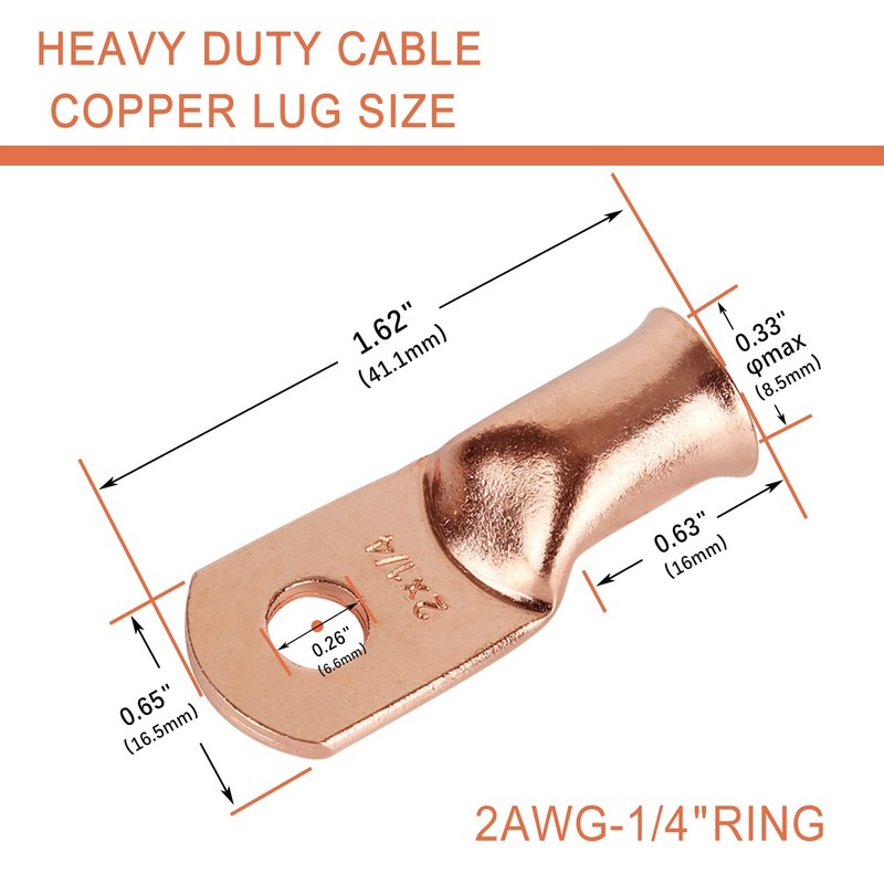 RIOCAN 10pcs 2 AWG-1/4”(M6) Ring Terminals 2 Gauge Battery Lugs