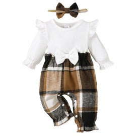 QUNERY Newborn Baby Girl Clothes Long Sleeve Ruffle Jumpsuit Bowknot Romper Infant Girl Fall Winter Outfits Khaki 6-12 months