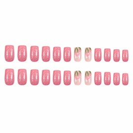 MISUD Press on Nails Short Square Fake Nails Glossy Glue on Nails Pink Acrylic Nails Squoval Artificial Nails Cute Flower Stick on False Nails with Bling Glitter Design 24 pcs