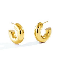 CONRAN KREMIX Waterproof Small Gold Hoops Earrings for Women,Thick Gold Plated Chunky Circle Open Hoop Lightweight Hollow Earrings Trendy Gold Jewelry 25MM