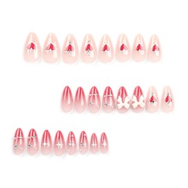 Valentine's Day Press on Nails Almond Fake Nails 3D Bow Charm Acrylic Press on Nails with Pearl Heart Designs Glue on Nails Medium Red Gradient False Nails with Glue Stick on Nails for Women 24PCS