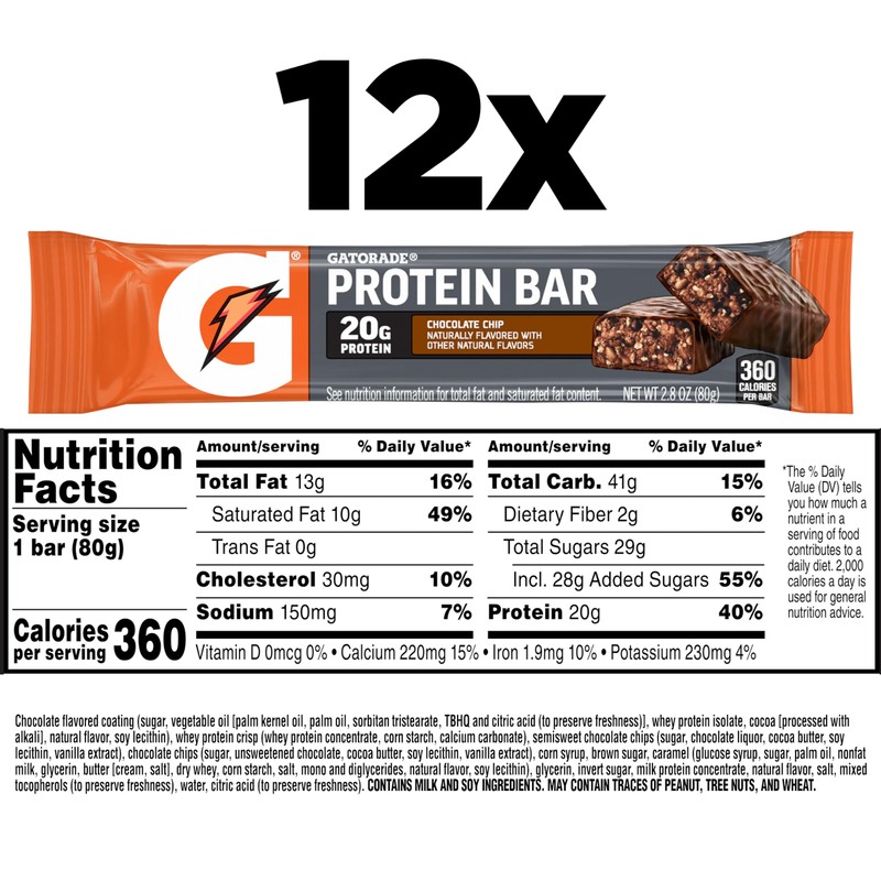 Gatorade Whey Protein Recover Bars, Chocolate Chip, 2.8 ounce(Pack of