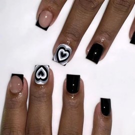 Vopintpy Short Square Valentine's Day Press on Nails with Glue on Nails White Black Heart French Tip Fake Nails Glossy Valentines Full Cover Stick on Nails for Women