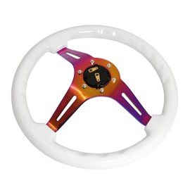 AJP Distributors 345mm 6 Bolt Hole Neo Chrome Center White Wood Trim 3 Spokes Steering Wheel Horn Button Wakaba Leaf Horn Button