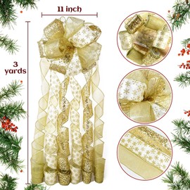 LEEQE Gold Glitter Snowflake Christmas Tree Topper Bow 11 Inch with 6 Ribbon Tails 3 Yards Each Elegant Holiday Decoration for Indoor and Outdoor
