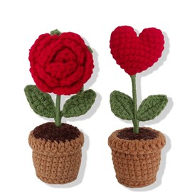 HIZEMLK 2PCS Crocheted Rose Bouquet, Red Heart Handmade Crochet, Knitted Fake Flowers, Rose Artificial Desk Flowers for Bathroom Home Kitchen Rustic Table Centerpiece Shelf Decor