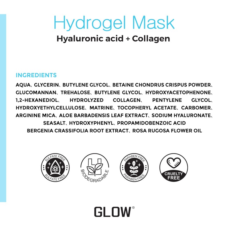 GLOW Hydrogel Face Mask, Hyaluronic Acid and Collagen, Hydrating and