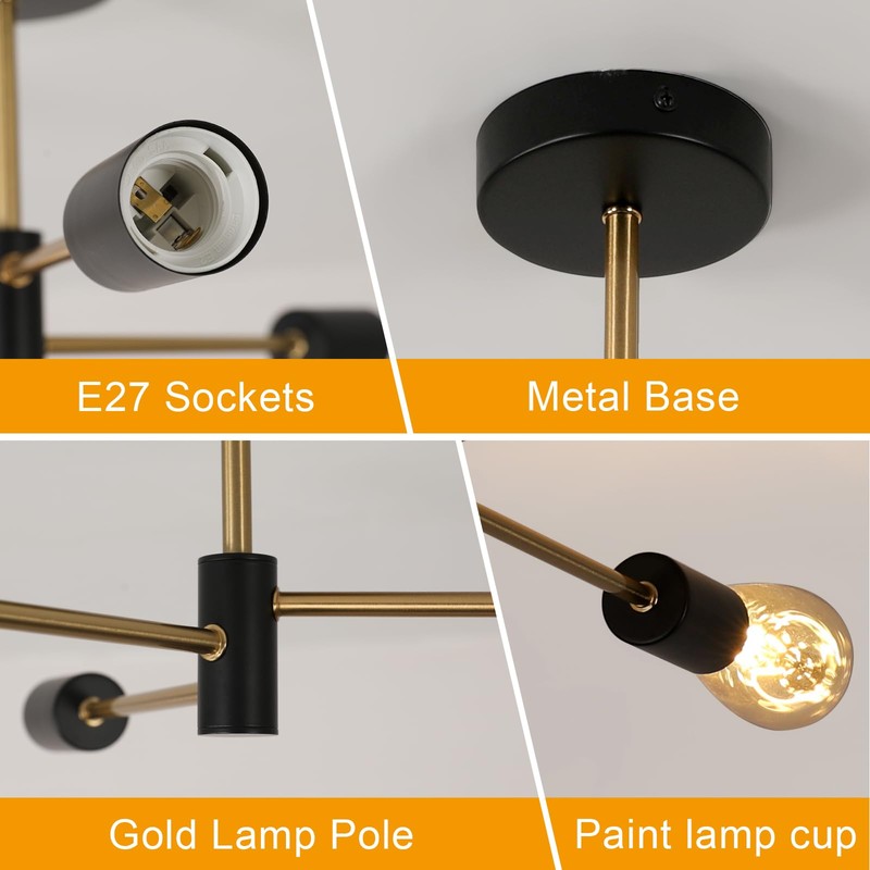 SENQIU Sputnik Ceiling Light, Black Golden Semi Flush Mount Ceiling