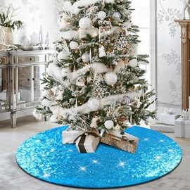 yuboo Teal Blue Christmas Tree Skirt, 48 Inch Sequin Double Layers Tree Mat for Turquoise Christmas Decorations