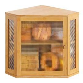 Vriccc Corner Bread Box, Bamboo Bread Box for Kitchen Countertop, 2 Tier Wooden Bread Storage (Natural, Medium)