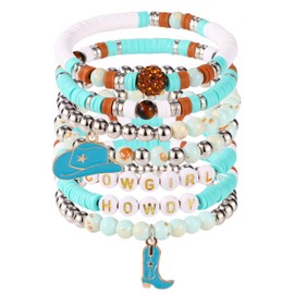Mikovivi 7stk Cowgirl Armbänder, Stapelbare Western Perlenarmbänder mit Cowgirl-Hut und Stiefel-Charms Y2K-Sti Boho-Sommerstrand Schmuck für Frauen(Blau)