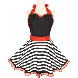 Violet Mist Lovely Retro Kitchen Aprons Women Girl Red Black Striped Apron for Ladies Cute Sweetheart Lace Apron Vintage Apron Christmas Apron 1950s French Maid Cooking Apron Adjustable Waist Mom Gift