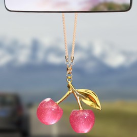 Briwill Pink Cherry Car Accessories - Cute Hanging Rearview Mirror Charms Cherry Car Ornament for Women, Lucky Car Decoration(Gold+Pink)