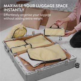 Navaris Compression Packing Cubes Set of 6 - Compressible Travel Bags for Packing Many Sizes - Lightweight Compression Travel Organizer Suitcase Carry On Luggage Backpacks - Beige