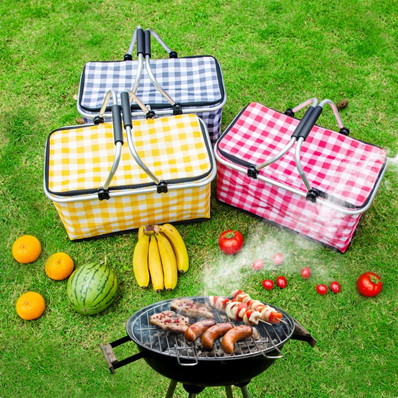 Picnic Basket Foldable Oxford Cloth Insulated Storage Basket with Check